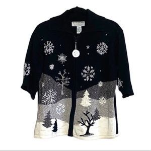 Vintage Holiday Sweater Christmas Black Ramie Cotton Blend Zip Size Medium